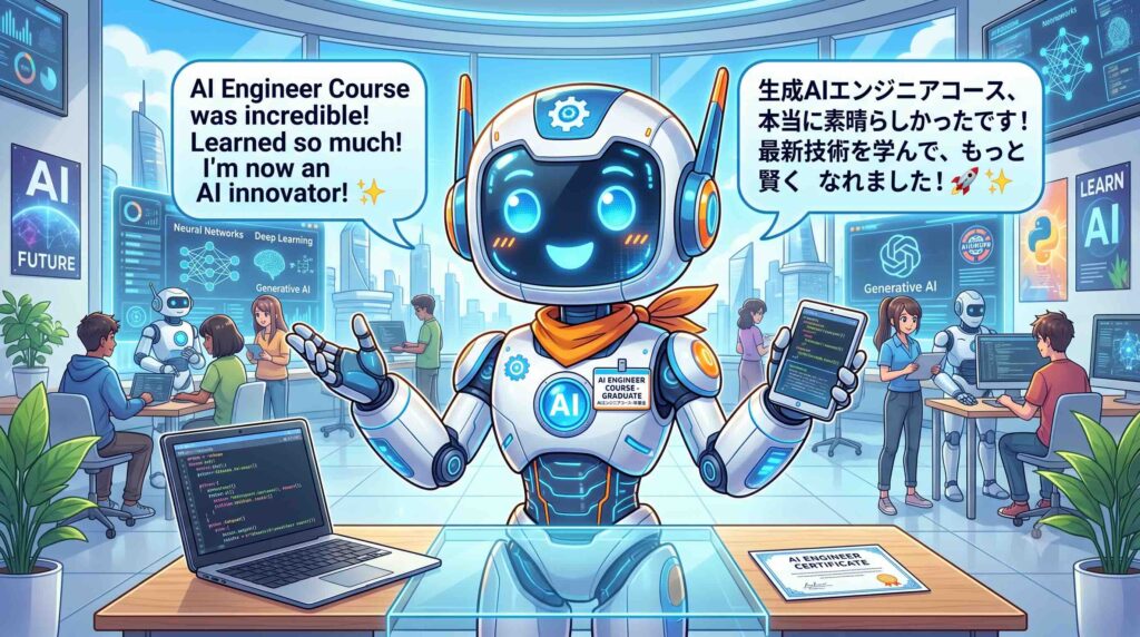 生成AIエンジニアコースの感想を述べるロボット