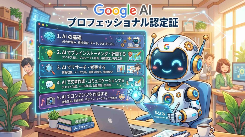Google AI プロフェッショナル認定証の内容をまとめるAI