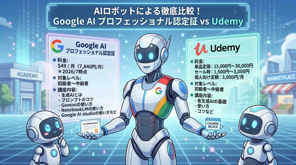 Google AI プロフェッショナル認定証とUdemyを比較するAI