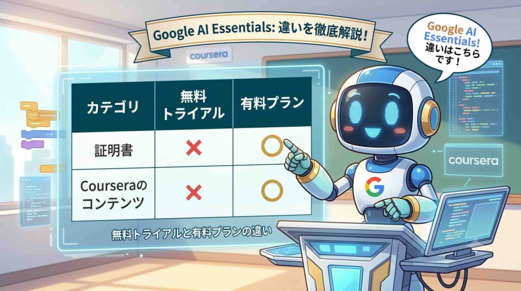 Google AI Essentialsの無料と有料の違いを説明するAI