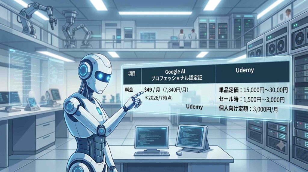Google AI プロフェッショナル認定証とUdemyの料金を比較するAI