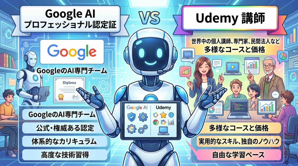Google AI プロフェッショナル認定証とUdemyの講師を比較するAIロボット