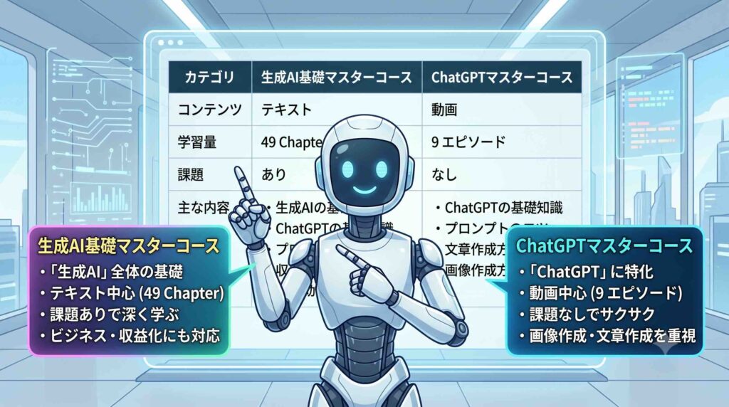 生成AI基礎マスターコースとChatGPTマスターコースとの違いを説明するAI