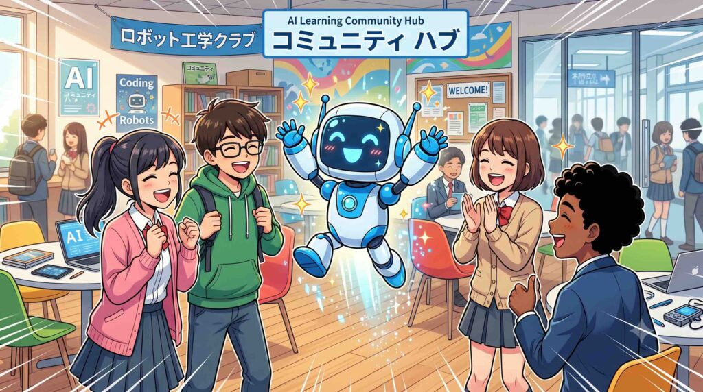 DMM 生成AI CAMPのコミニュティではしゃぐAIロボット
