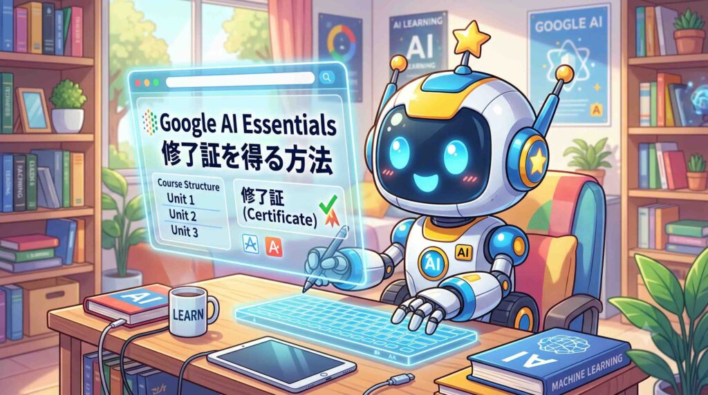 Google AI Essentialsの修了証を得る方法を調べるAI