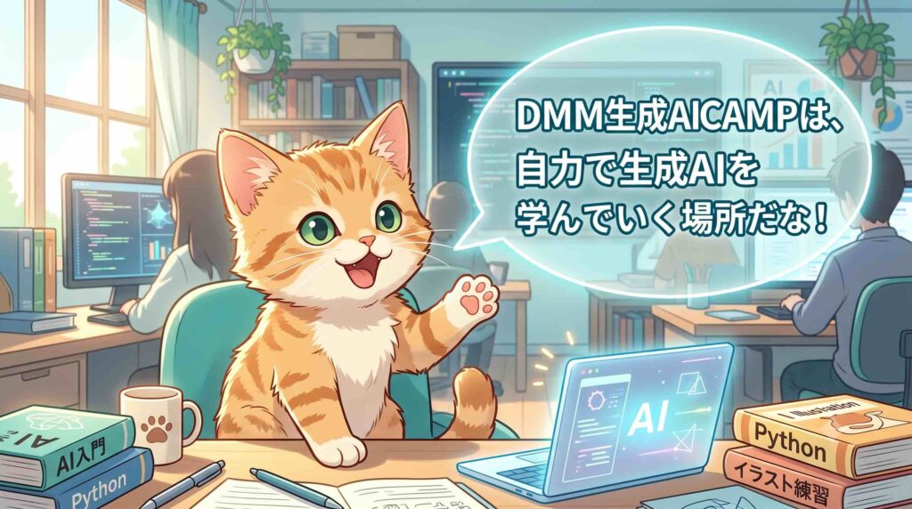 DMM 生成AI CAMPの感想を述べる子猫