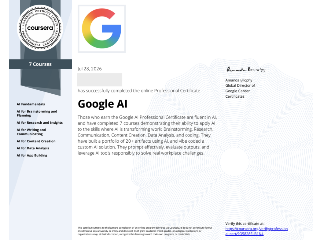 AIプロポップくんのGoogle AI プロフェッショナル認定証の修了証