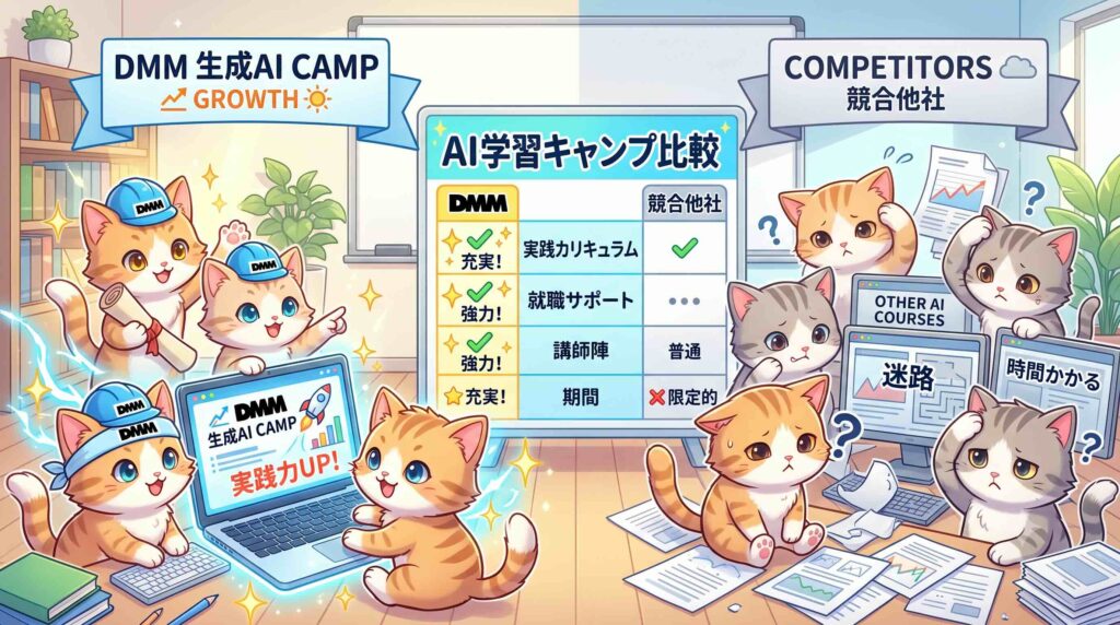 DMM 生成AI CAMPと競合を比較する子猫