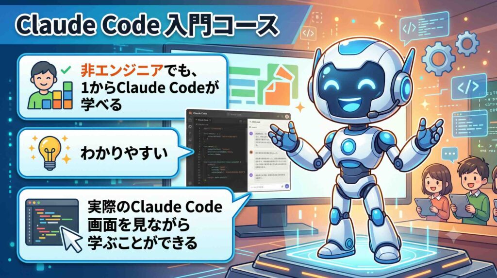 Claude Code 入門コースのメリットを話すAI