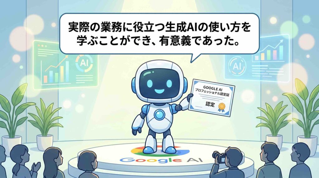 Google AI プロフェッショナル認定証の感想を一言話すAI