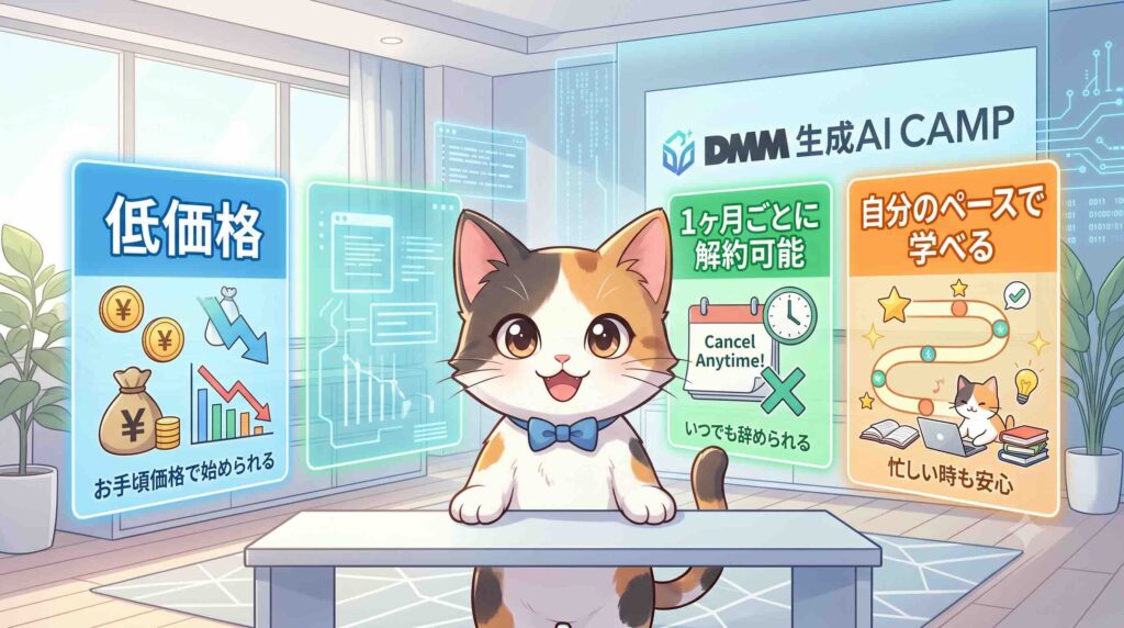 DMM 生成AI CAMPのメリットを話す子猫