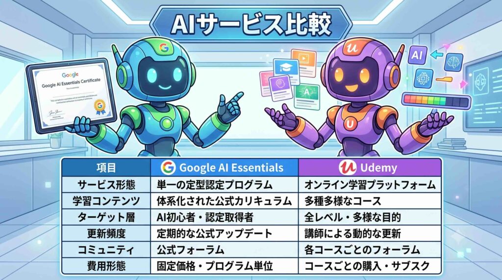 Google AI EssentialsとUdemyのサービスを比較するAI