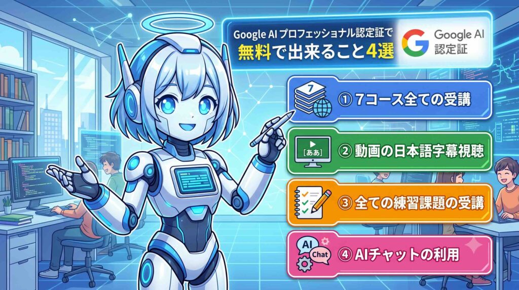 Google AI プロフェッショナル認定証で無料で出来ること4選を話すAI