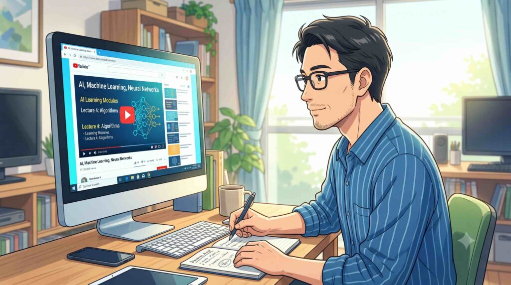 Google AI Essentialsを動画で視聴しAIについて学ぶ男性
