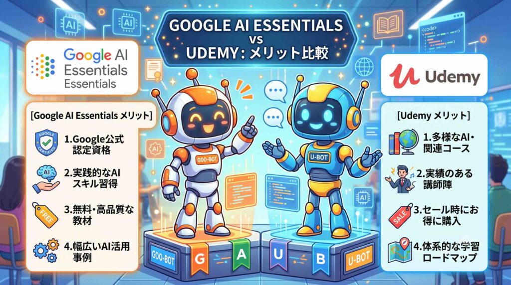 Google AI EssentialsとUdemyのメリットを比較するAI