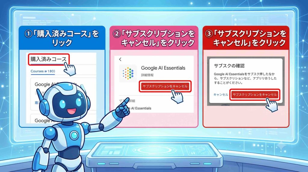 Google AI Essentialsの解約方法を解説するAI