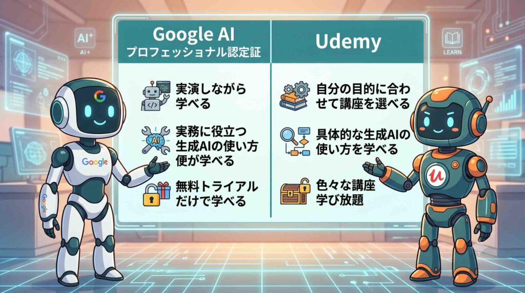 Google AI プロフェッショナル認定証とUdemyのメリットを比較するAIロボット