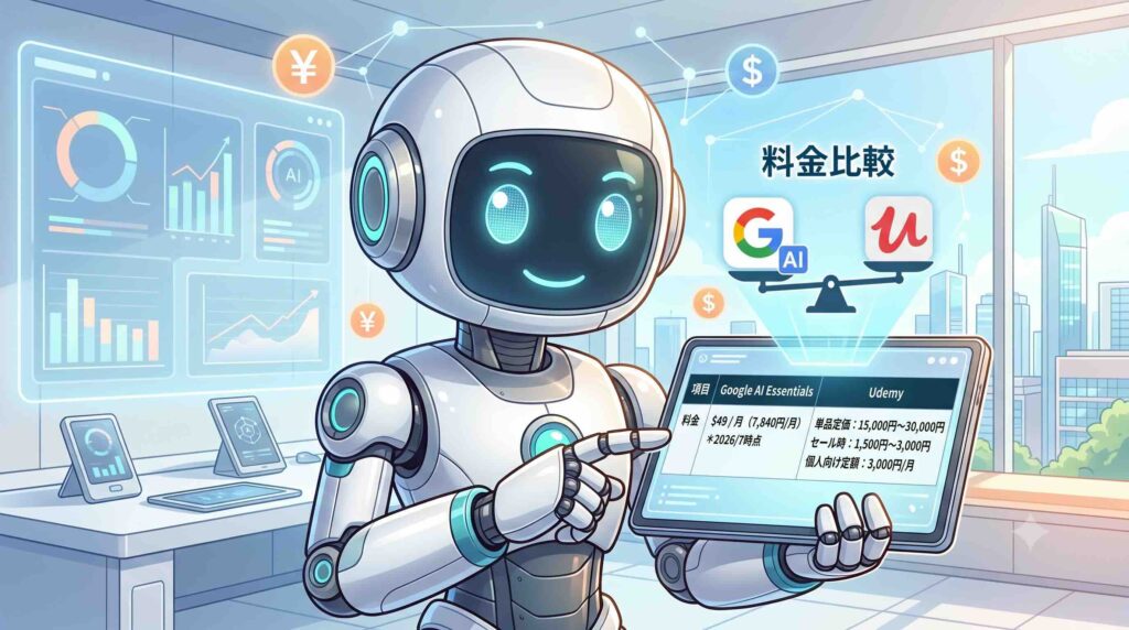 Google AI EssentialsとUdemyの料金を比較するAI