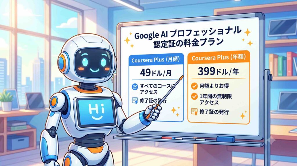 Google AI プロフェッショナル認定証の料金プランを解説するAI