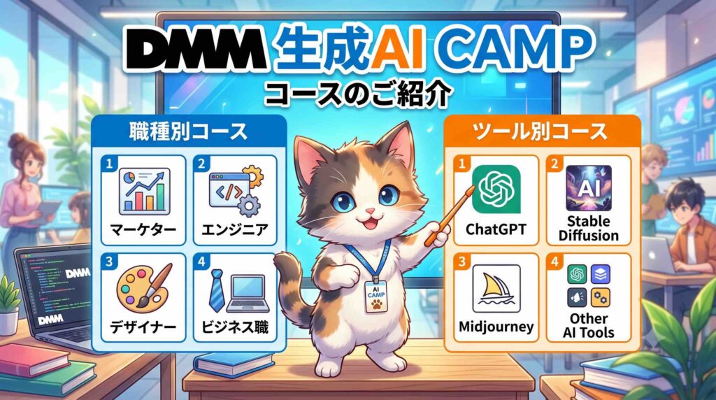 DMM 生成AI CAMPのコース概要を話す子猫