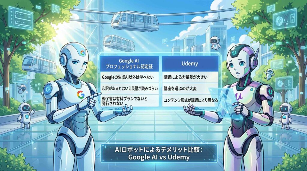 Google AI プロフェッショナル認定証とUdemyのデメリットを比較するAI