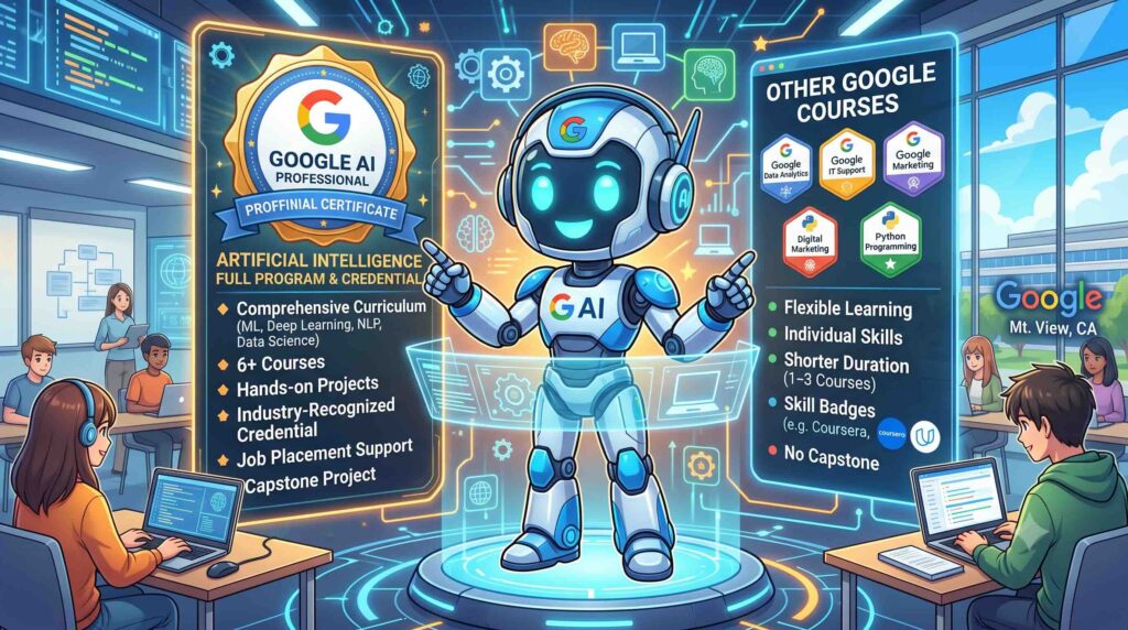 Google AI プロフェッショナル認定証と他のGoogle講座を比較するAI