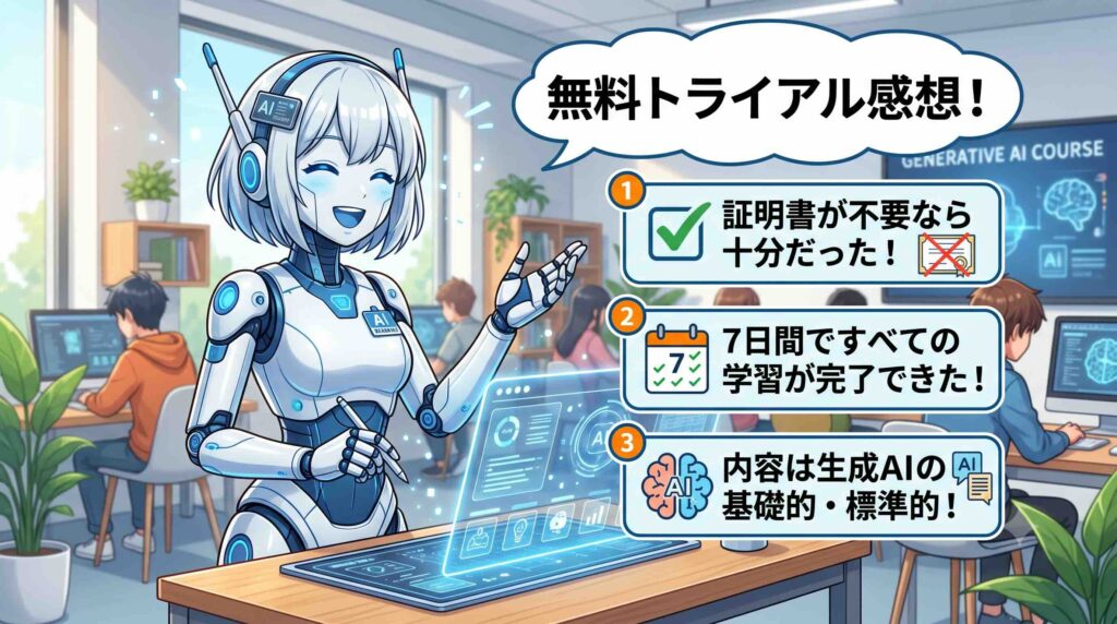 無料トライアルでの感想を語るAI