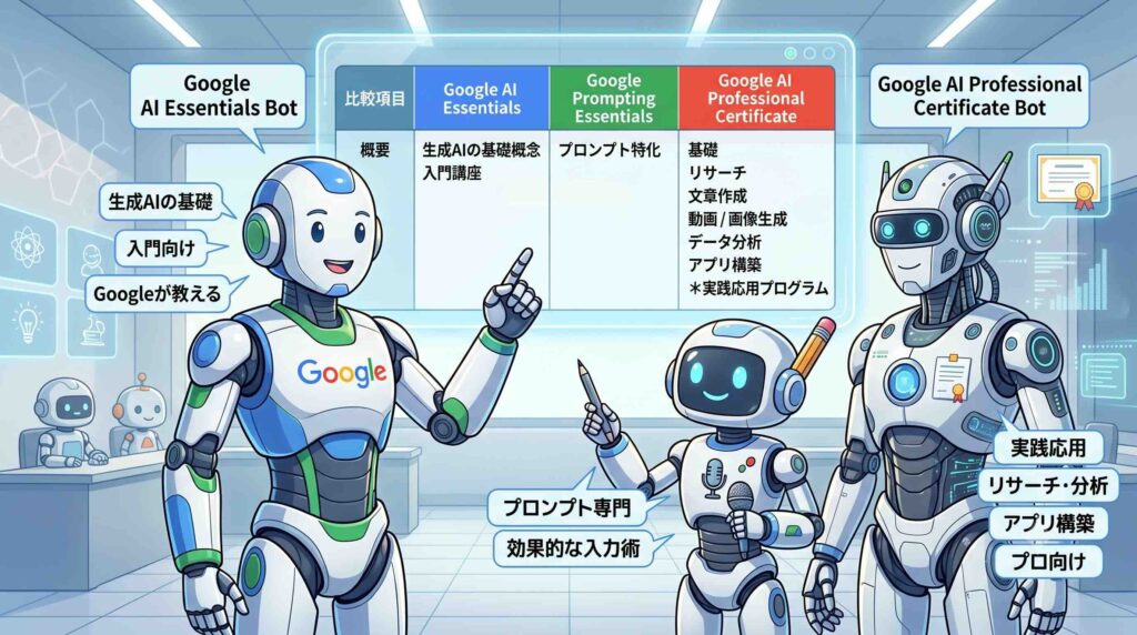 Google AI Essentialsと他Google講座を比較するAI