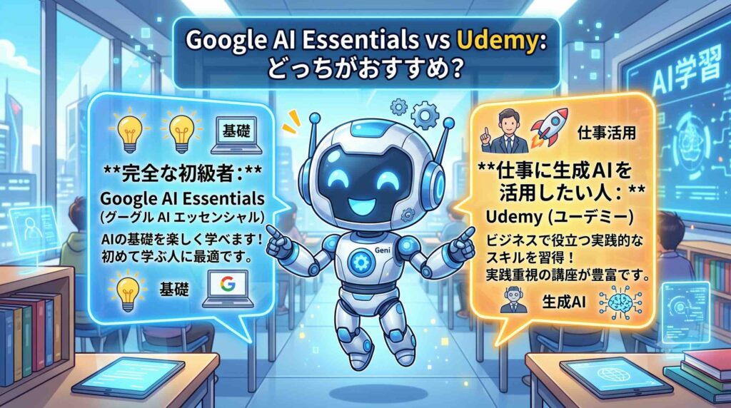 Google AI EssentialsとUdemy どちらがおすすめか話すAI