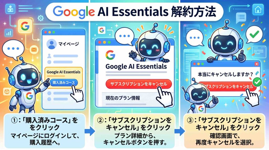 Google AI Essentialsの解約方法についてまとめるAI