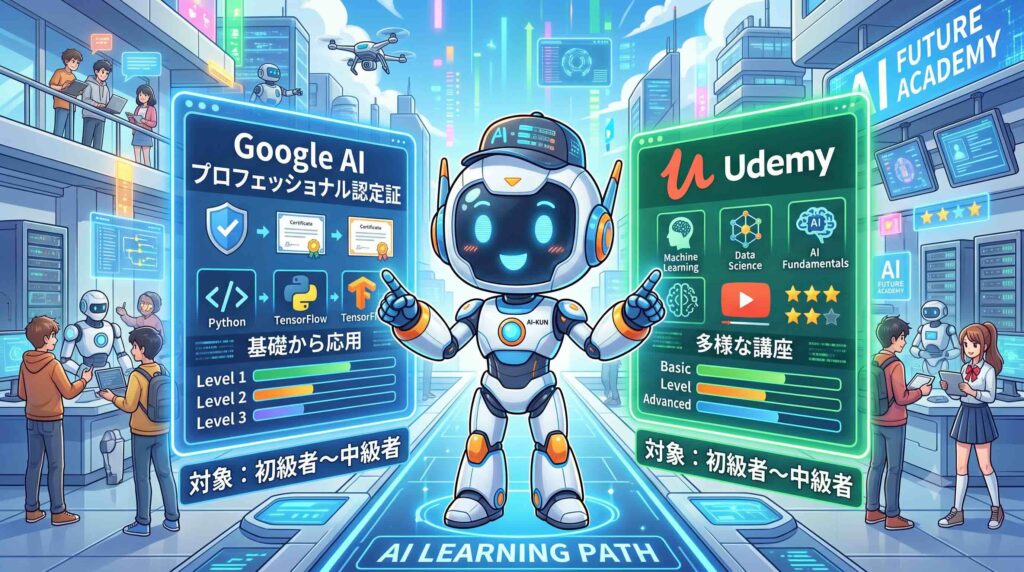 Google AI プロフェッショナル認定証とUdemyの対象レベルを比較するAIロボット