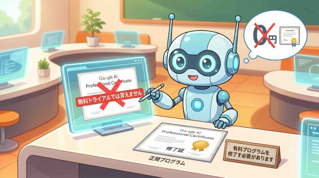 Google AI プロフェッショナル認定証の修了証は無料トライアルで貰えないと話すAI