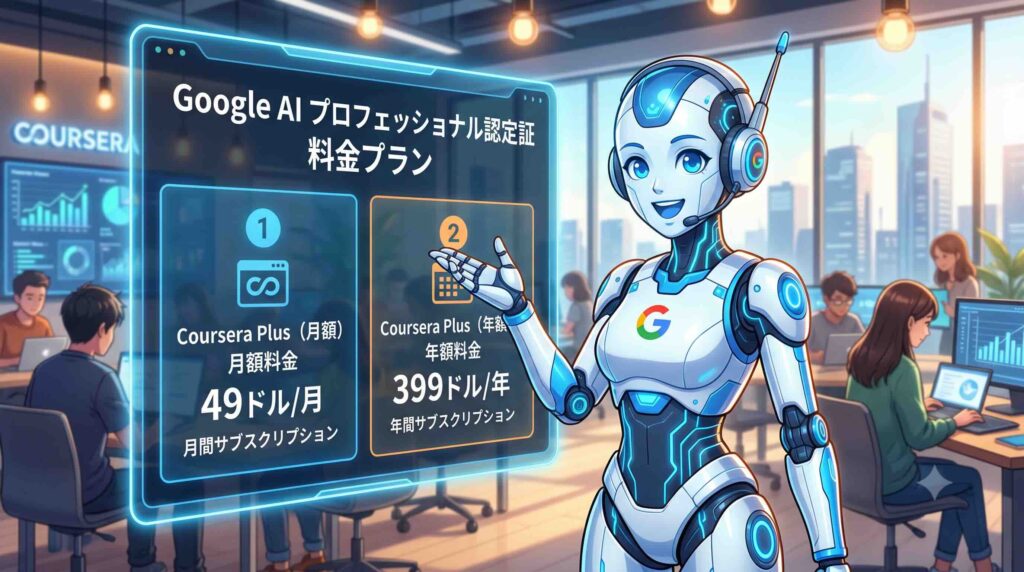 Google AI プロフェッショナル認定証の料金プランを話すAI