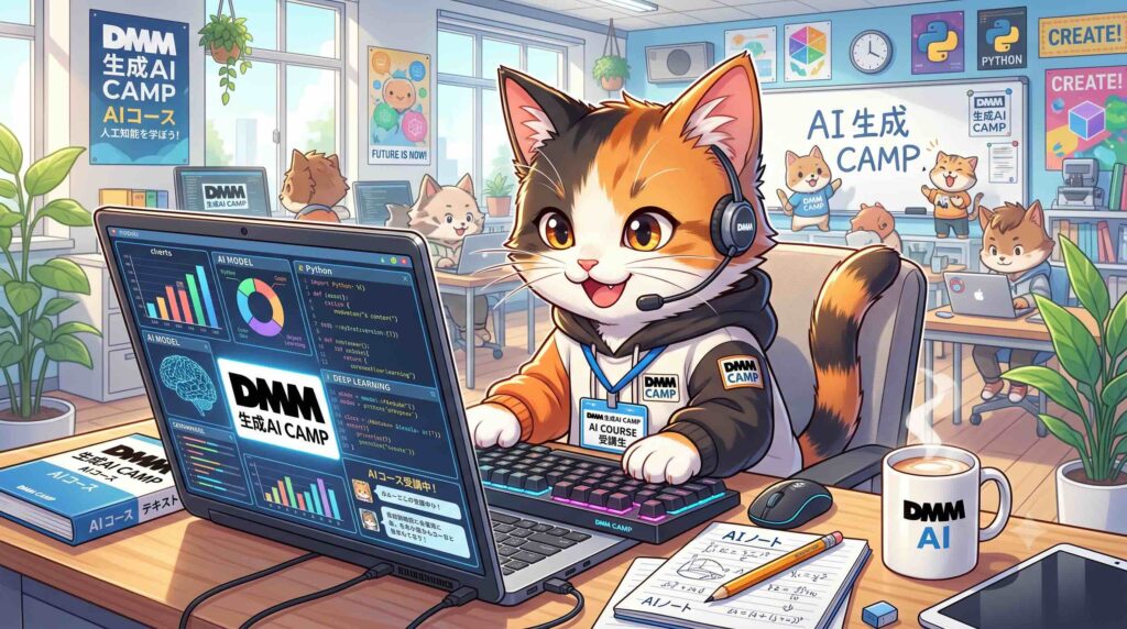 DMM 生成AI CAMPのAIコースを受講する子猫