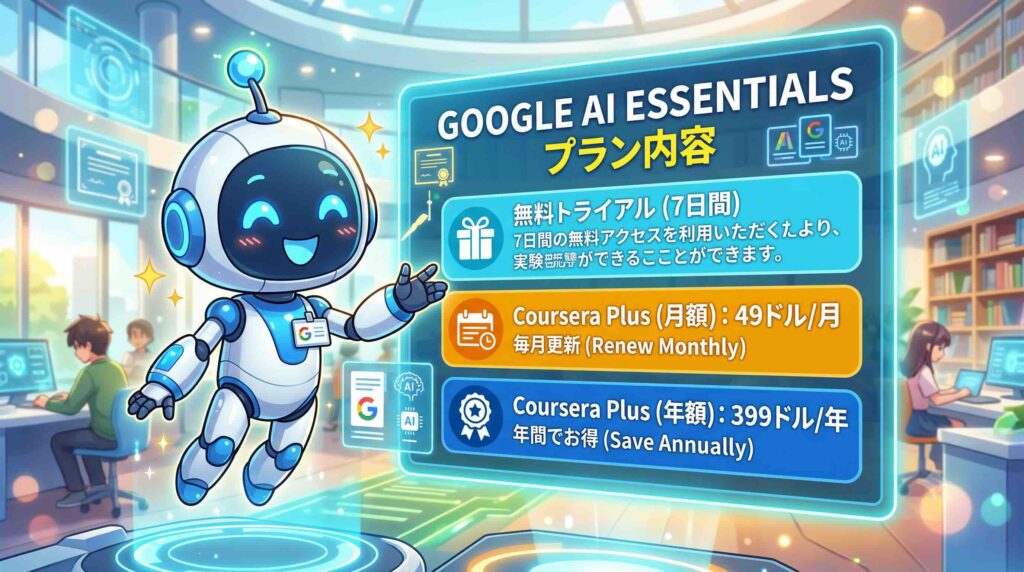 Google AI Essentialsのプラン内容を説明するAI