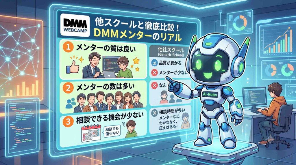 他のスクールと比べてDMMのメンターはどうなのか話すAI