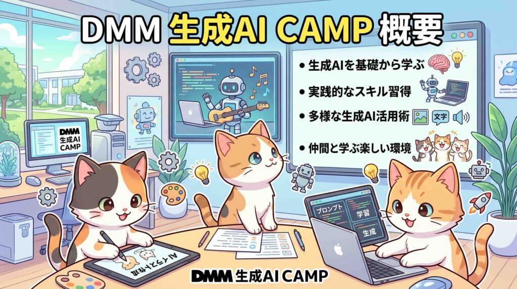 DMM 生成AI CAMPの概要について説明する子猫