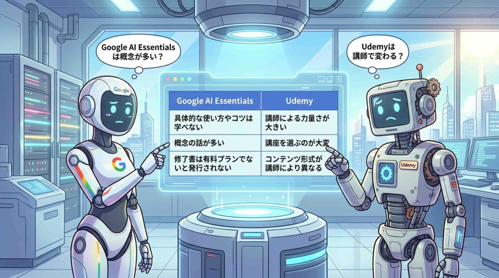 Google AI EssentialsとUdemyのデメリットを比較するAI