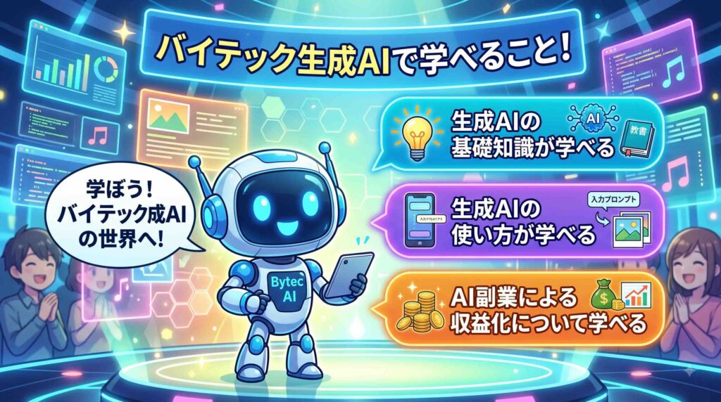 バイテック生成AIで学べることを話すAIロボット
