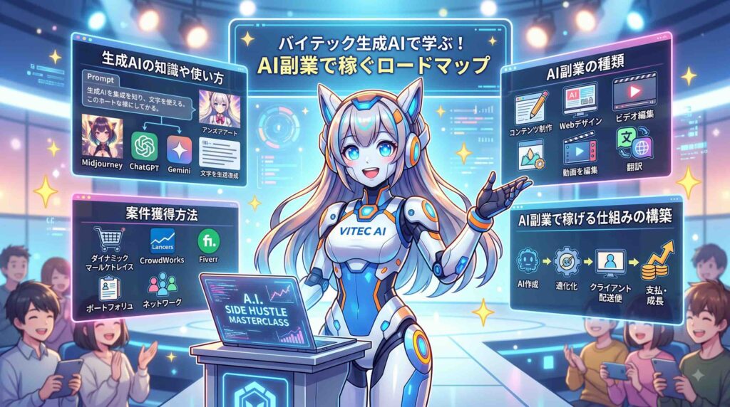 バイテック生成AIでAI副業について学べることを話すAI