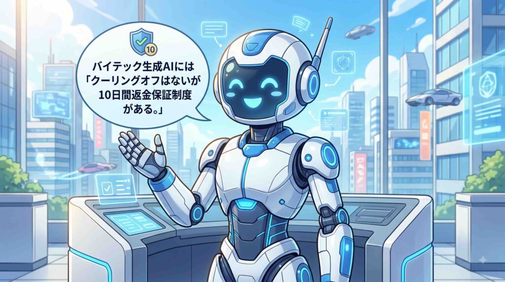 バイテック生成AIには「クーリングオフはないが10日間返金保証制度がある。」と話すAI