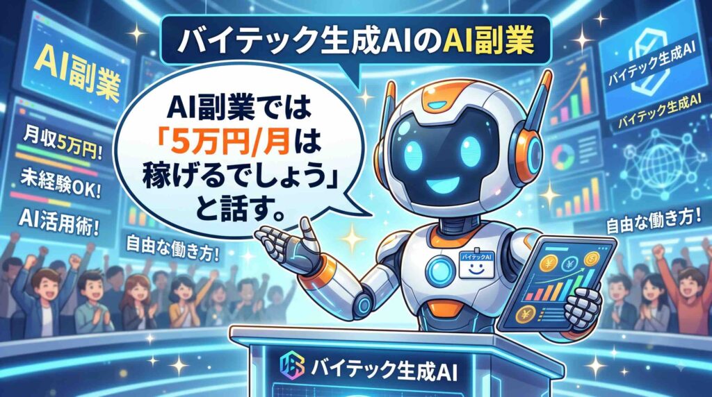 バイテック生成AIのAI副業では「5万円/月は稼げるでしょう」と話すAI