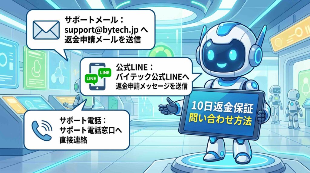 10日返金保証制度の問い合わせ方法を話すAI