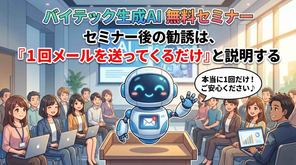 バイテック生成AI 無料セミナー後の勧誘は「1回メールを送ってくるだけ」と説明するAI