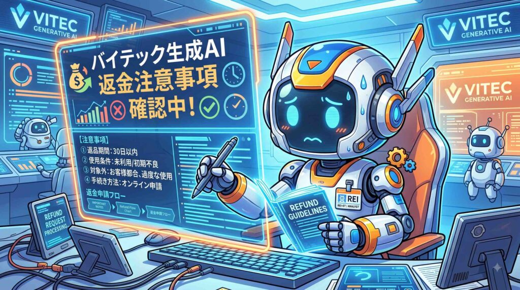 バイテック生成AIの返金における注意事項を気にするAIロボット