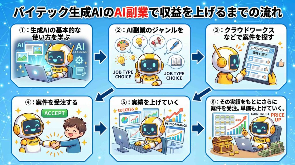 バイテック生成AIのAI副業で収益を上げるまでの流れを説明するAIロボット