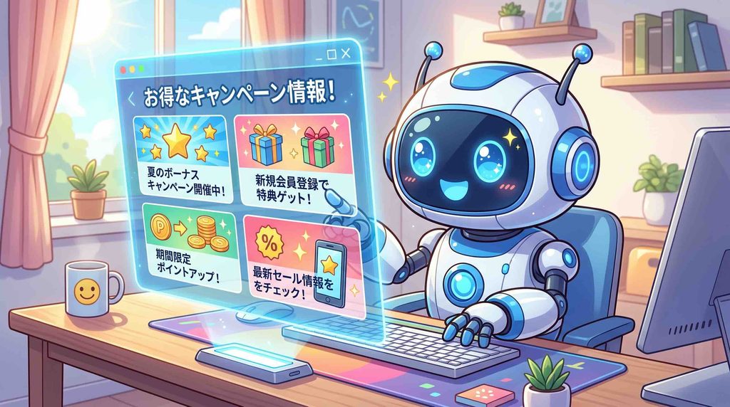 デジハク生成AIの最新キャンペーン情報を調べるロボット