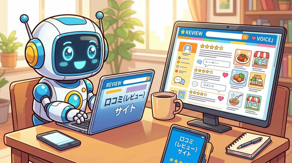 noteを用いて生成AIスクールの口コミを調べているロボット