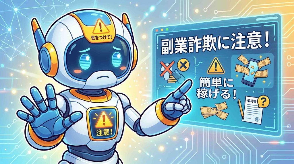 AI副業の注意点を語るロボット