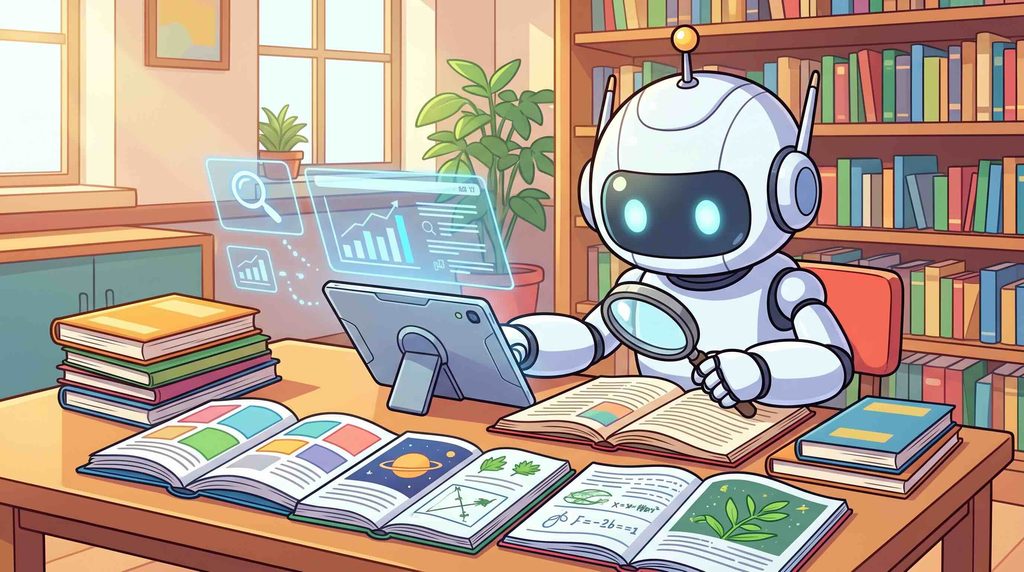 生成AIスクールの学べる内容を比較するロボット